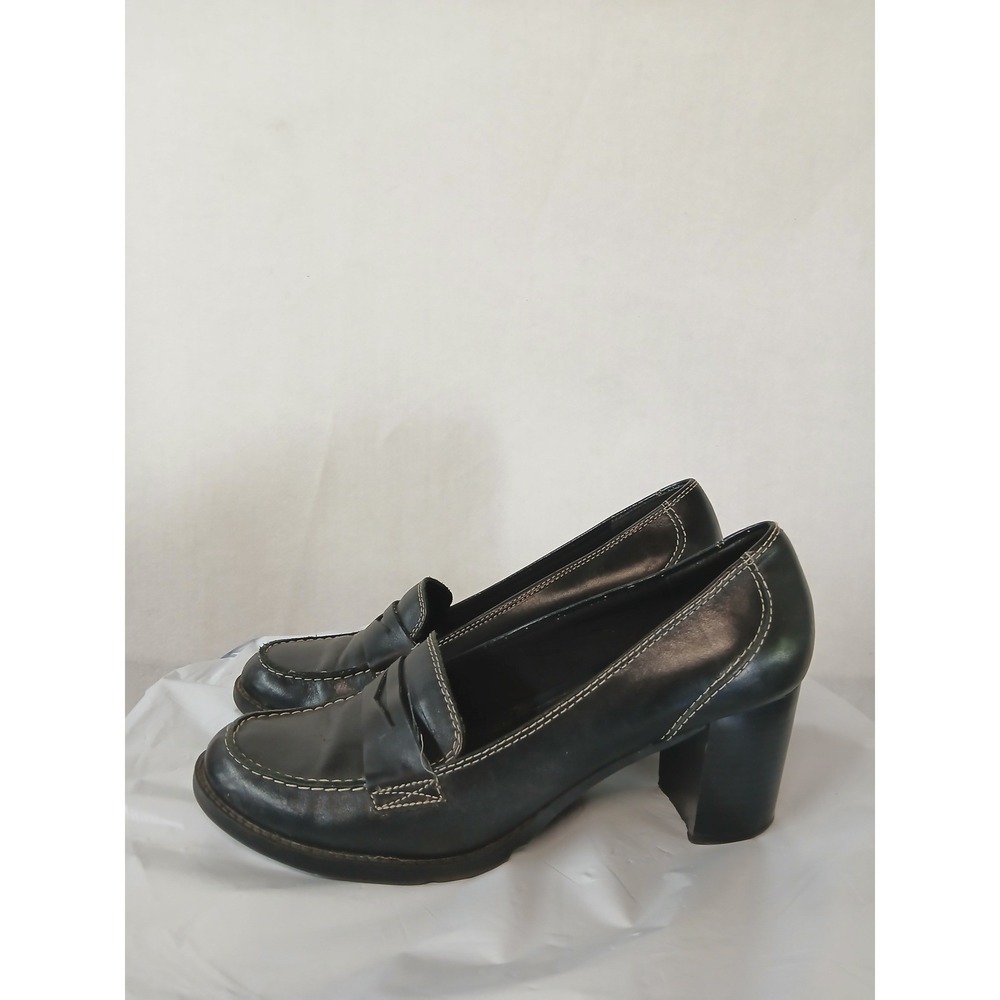 Bass Vintage 90s Black Leather Penny Loafer Block Heel Pumps Contrast Stitch‎ 9M